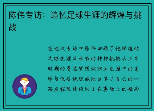 陈伟专访：追忆足球生涯的辉煌与挑战