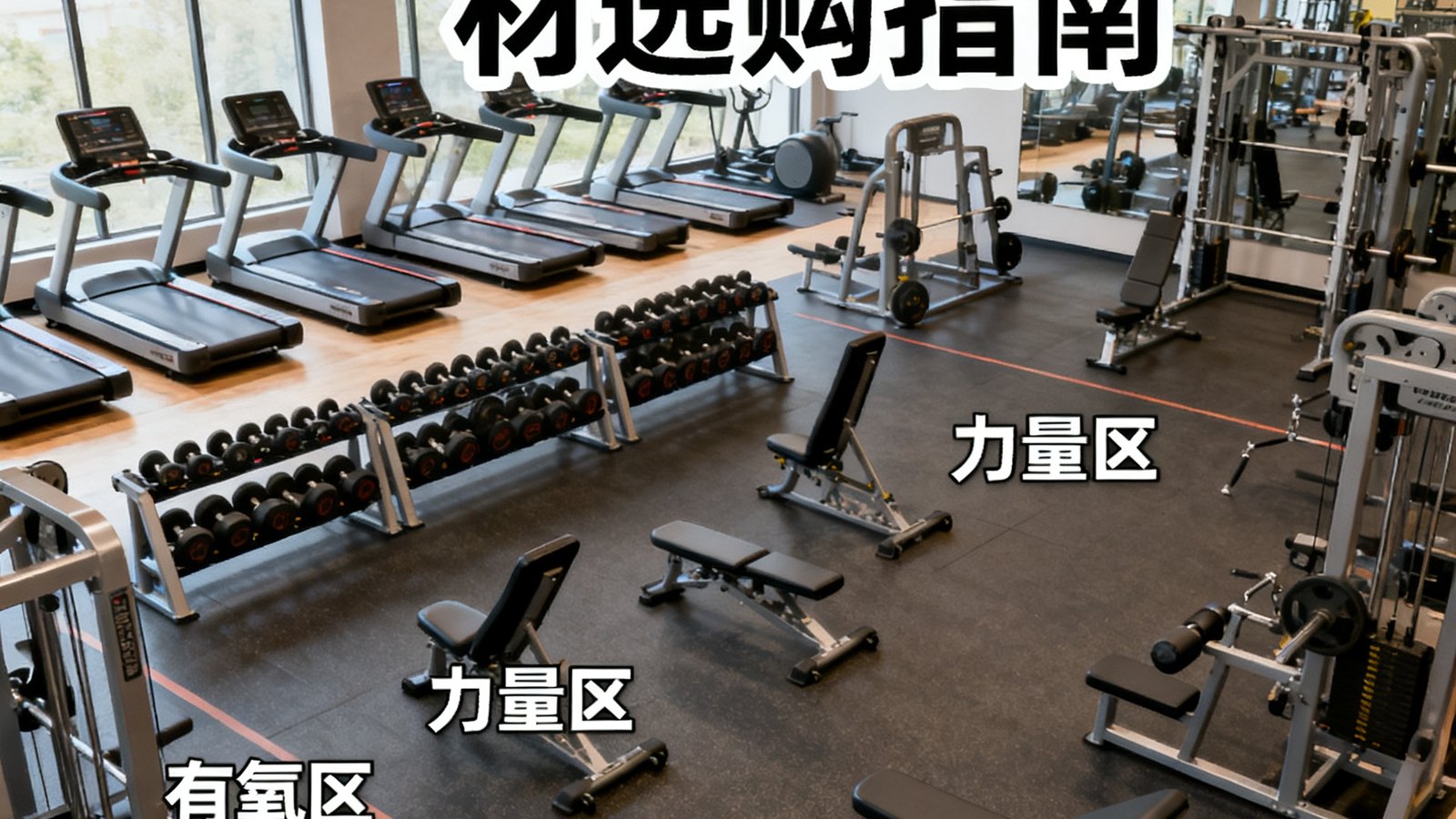 商用健身房器材选购指南文章配图，展示多种健身器材在专业健身房中的布局。